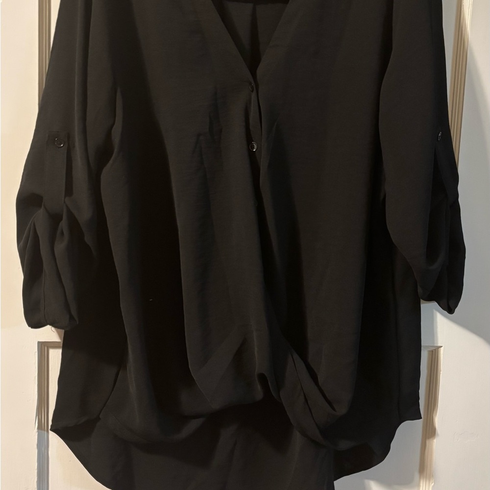 Black Asymmetrical V-Neck Blouse with Relaxed Fit